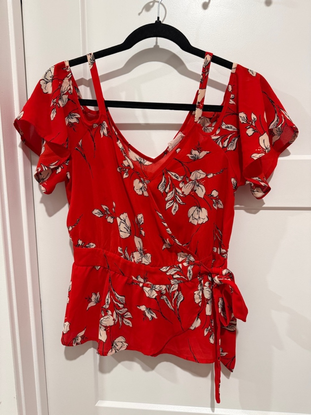 Sienna Sky Red Floral Tie-Waist Cold-Shoulder Blouse